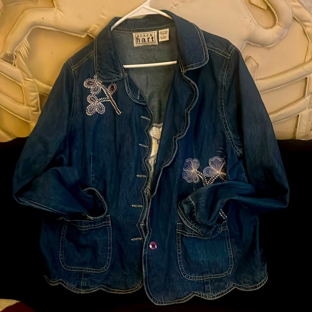 Embroidered Jean jacket, button up flowered designed.Great for casual affair.